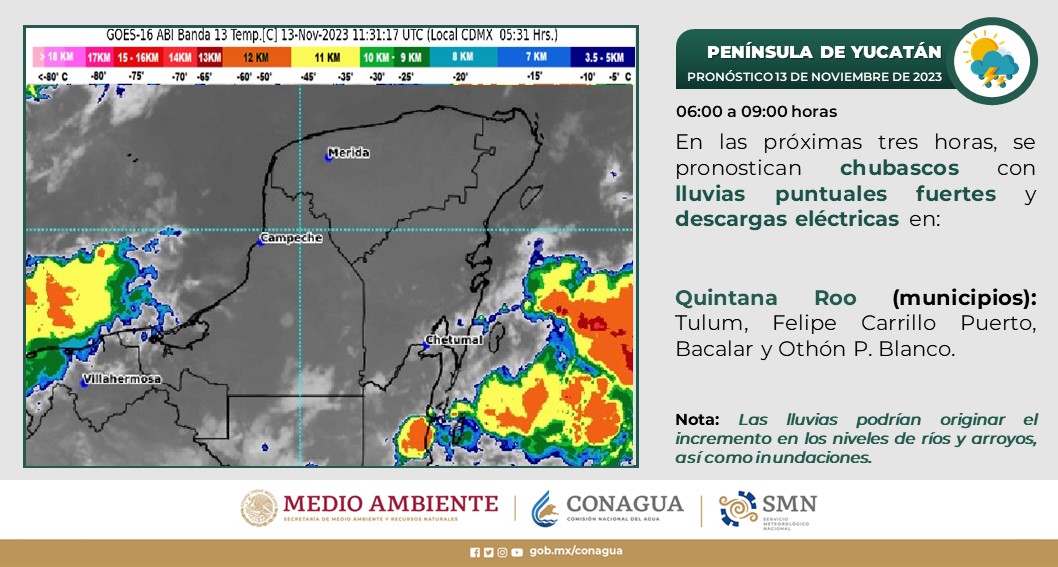 Pronóstico del clima para hoy lunes 13 de noviembre 2023 en Quintana Roo; cielo medio nublado a nublado con lluvias puntuales muy fuertes.