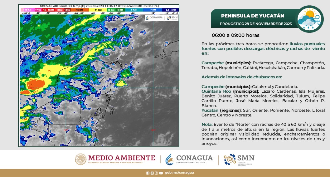 Pronóstico del clima para hoy martes 28 de noviembre 2023 en Quintana Roo; cielo medio nublado a nublado con lluvias muy fuertes en el estado.