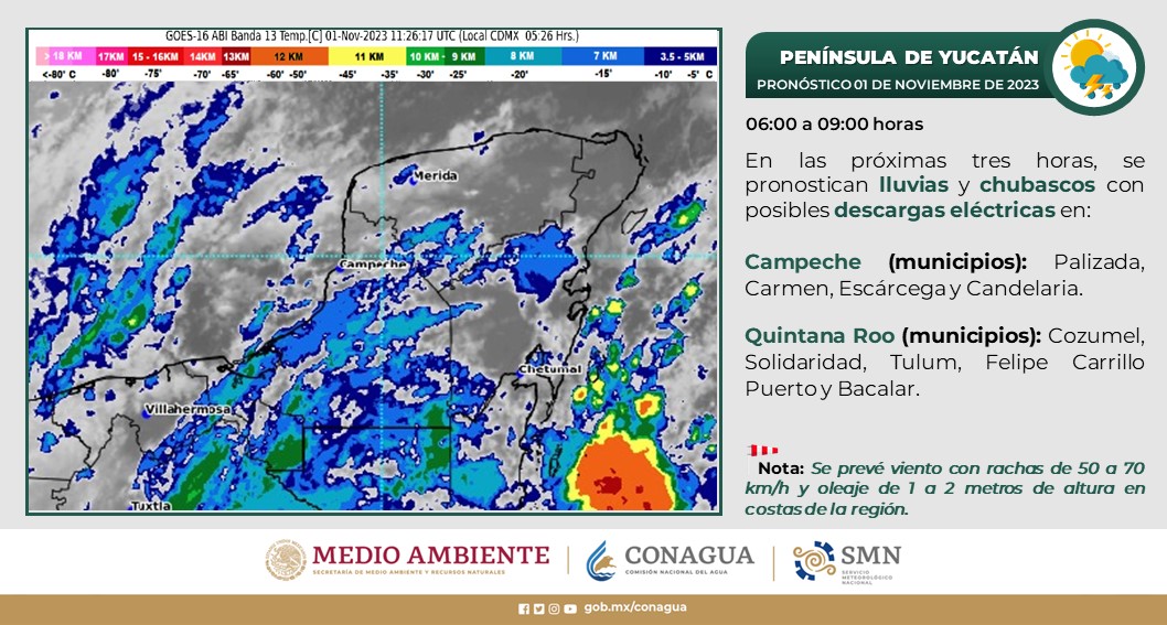 Pronóstico del clima para hoy miércoles 1 de noviembre 2023 en Quintana Roo; cielo nublado la mayor parte del día y probabilidad de lluvias.