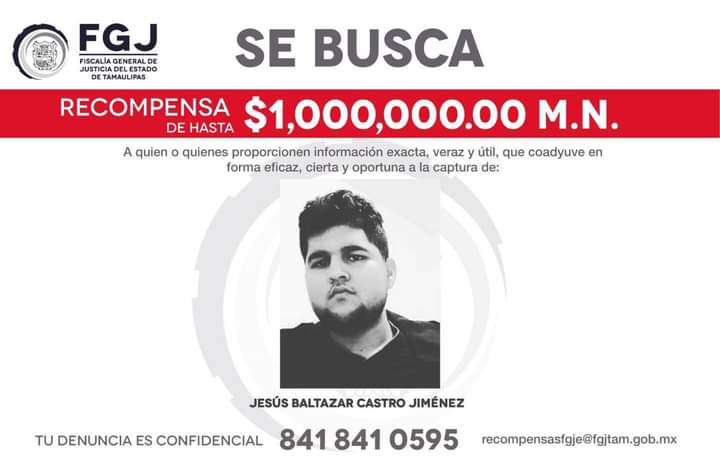 Feminicidio: Detenido por asesinar a su novia embarazada; la Fiscalía de Tamaulipas ofrecía 1 millón de pesos por la captura de Jesús Baltazar “N”.