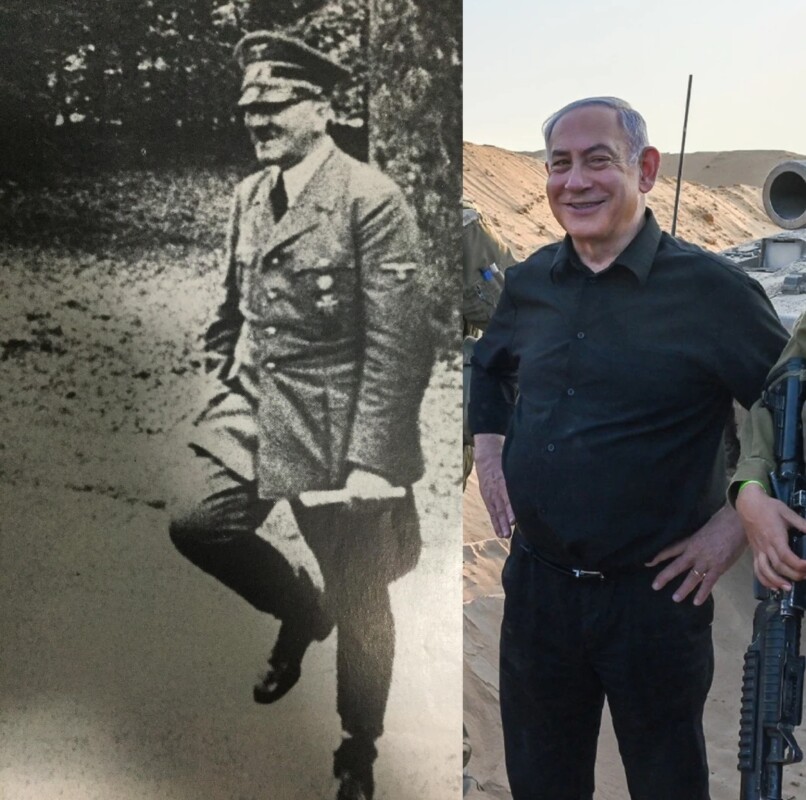 El 22 de junio de 1940 Adolfo Hitler "bailó" de alegría ante la firma de la rendición de Francia. A la derecha un triunfante Benjamin Netanyahu ríe satisfecho luego de constatar la limpieza étnica de sus tropas en territorio palestino.