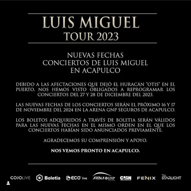 Luis Miguel pospone fechas en Acapulco por afectaciones que dejó Otis