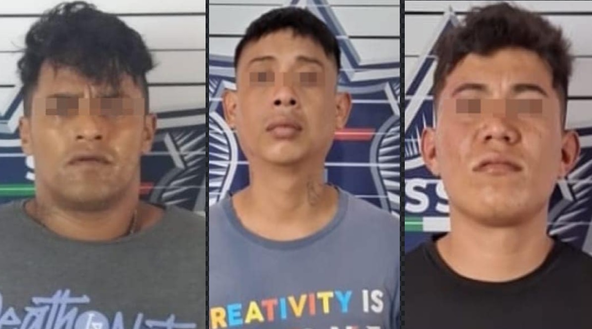 Detienen a 3 narcomenudistas armados en Villas Otoch Paraíso; Juan “N”, Andrés “N” y Jhovany “N” tenían en su poder más de 200 dosis de drogas y dos pistolas.