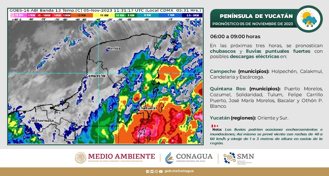 Pronóstico del clima para hoy domingo 5de noviembre 2023 en Quintana Roo; cielo nublado la mayor parte del día con lluvias fuertes.