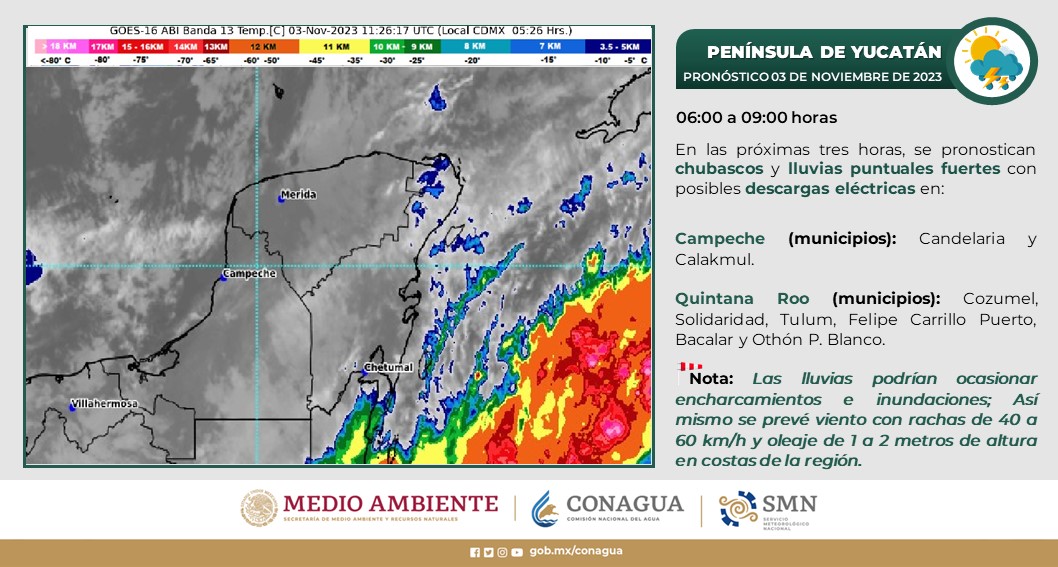 Pronóstico del clima para hoy viernes 3 de noviembre 2023 en Quintana Roo; lluvias muy fuertes a puntuales intensas en la Península de Yucatán