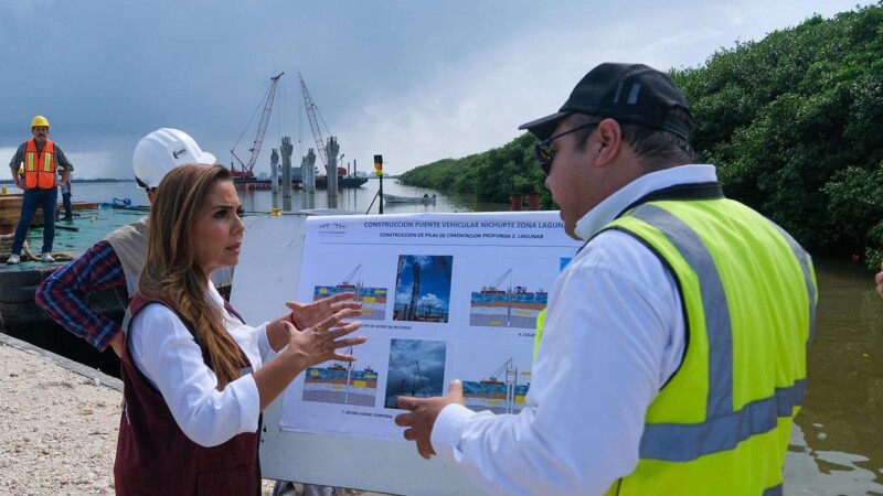 Mara Lezama supervisa avances del puente Nichupté en Cancún, una obra de beneficio social