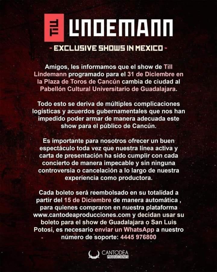Till Lindemann cancela concierto de fin de año en Cancún