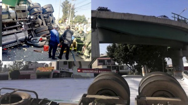 Se desploma trailer de puente en Edomex sobre 3 vehículos