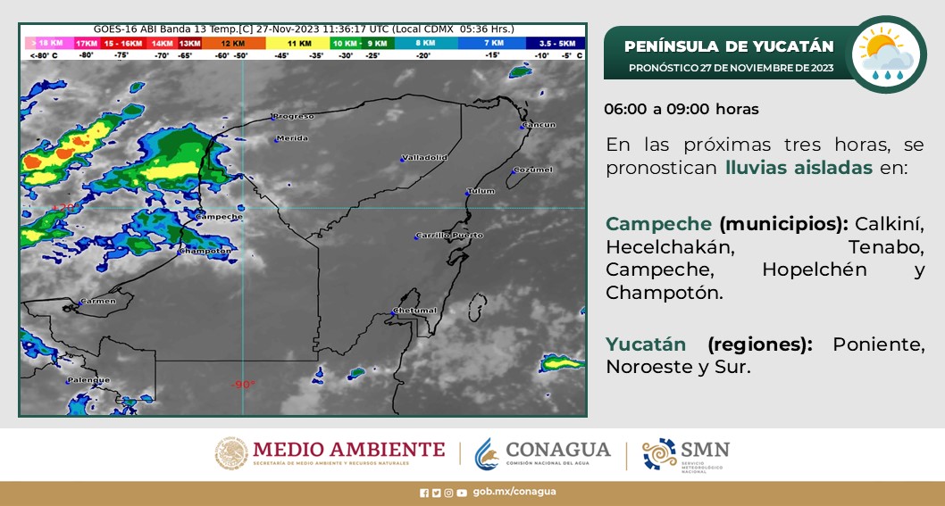 Pronóstico del clima para hoy lunes 27 de noviembre 2023 en Quintana Roo; cielo medio nublado a nublado con lluvias muy fuertes en el estado.