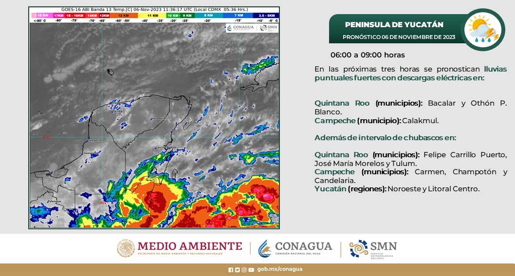 Pronóstico del clima para hoy lunes 6 de noviembre 2023 en Quintana Roo; cielo nublado la mayor parte del día con lluvias por la mañana en la entidad.