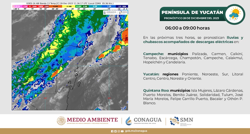 Pronóstico del clima para hoy jueves 28 de diciembre 2023 en Quintana Roo; cielo nublado y probabilidad de lluvias puntuales muy fuertes.
