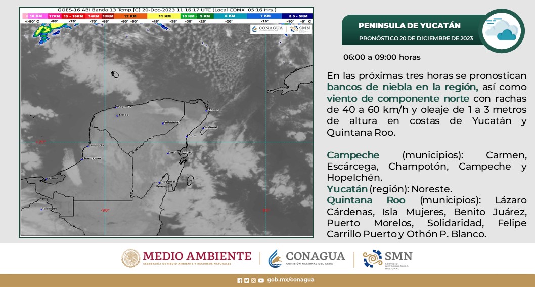 Pronóstico del clima para hoy miércoles 20 de diciembre 2023 en Quintana Roo; cielo medio nublado con chubascos vespertinos en Quintana Roo y ambiente fresco.