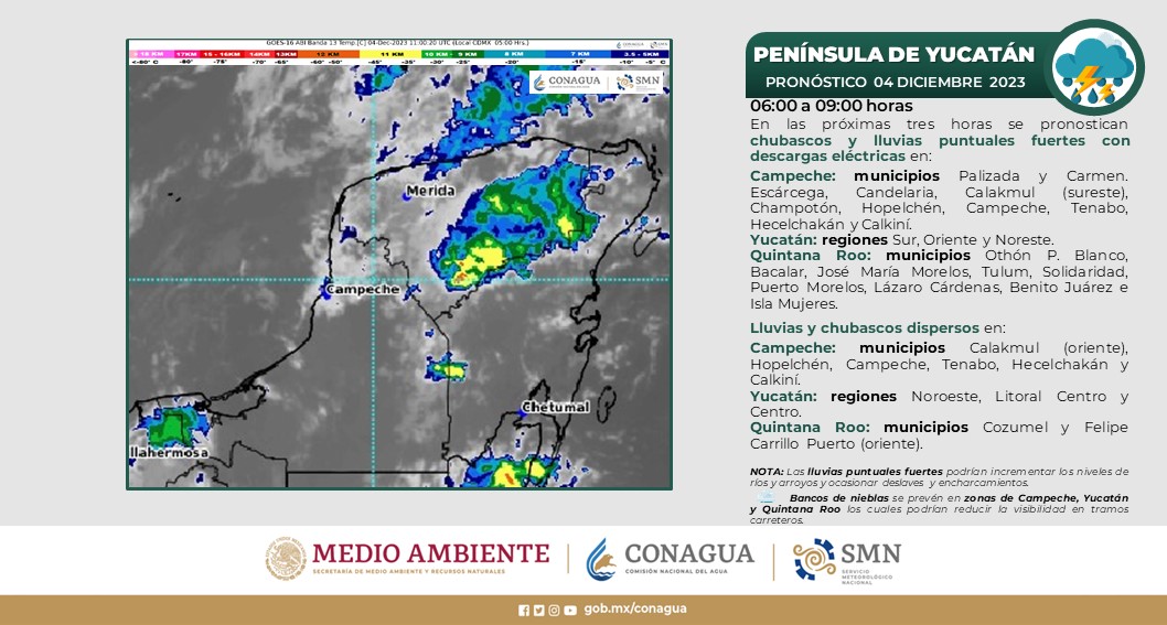 Pronóstico del clima para hoy lunes 4 de diciembre 2023 en Quintana Roo; cielo medio nublado con lluvias puntuales fuertes en Quintana Roo.