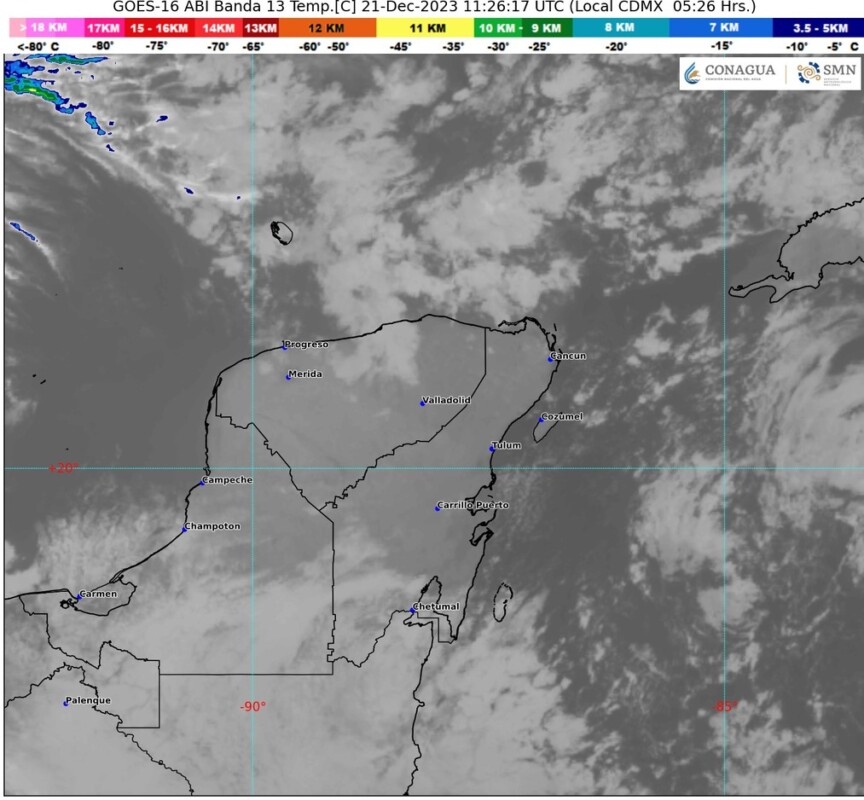 Pronóstico del clima para hoy jueves 21 de diciembre 2023 en Quintana Roo; cielo medio nublado con chubascos en Quintana Roo.