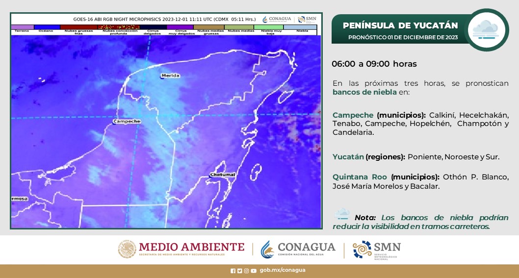 Pronóstico del clima para hoy viernes 1 de diciembre 2023 en Quintana Roo; cielo medio nublado durante el día, con lluvias aisladas en la entidad.