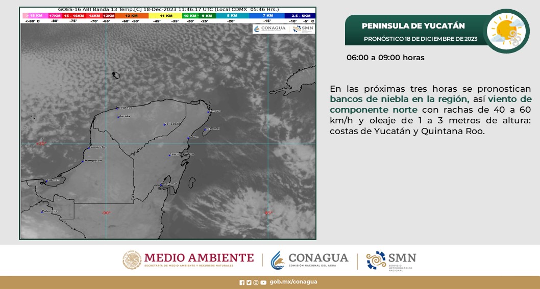 Pronóstico del clima para hoy lunes 18 de diciembre 2023 en Quintana Roo; cielo parcialmente nublado y sin lluvia en Yucatán y Quintana Roo.