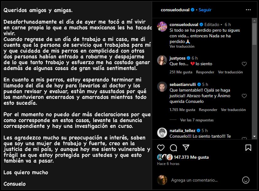 Consuelo Duval revela detalles del atraco que sufrió en su domicilio