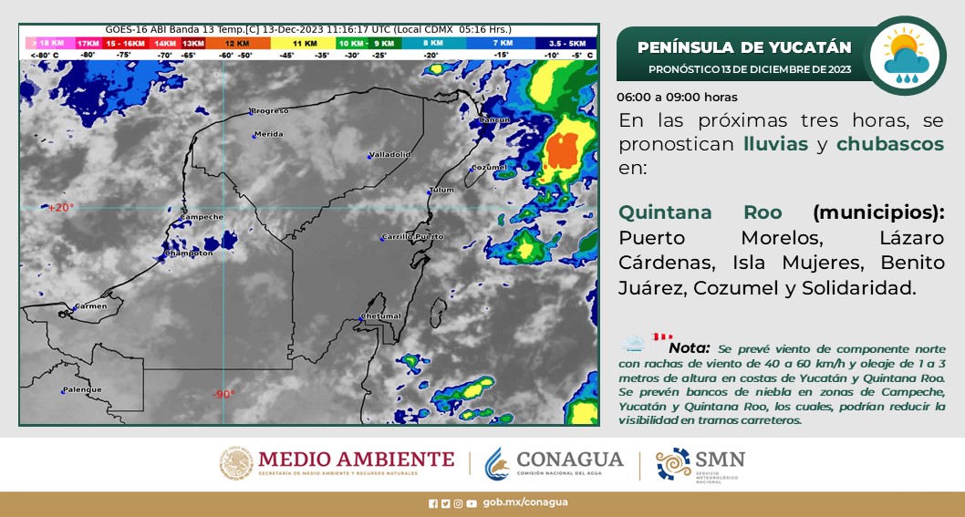 Pronóstico del clima para hoy miércoles 13 de diciembre 2023 en Quintana Roo; se prevén lluvias puntuales muy fuertes en Quintana Roo y Yucatán.