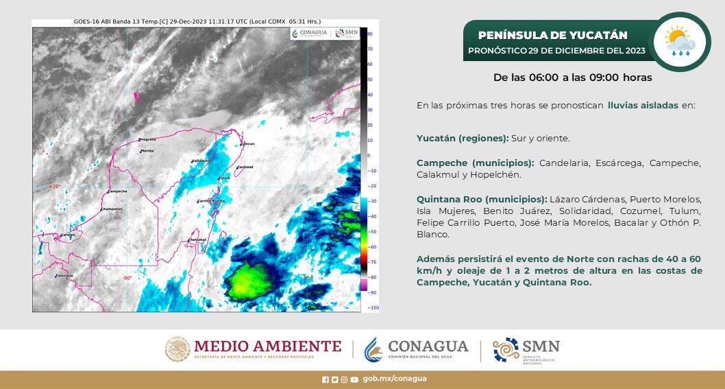Pronóstico del clima para hoy viernes 29 de diciembre 2023 en Quintana Roo; cielo medio nublado a nublado con lluvias fuertes.