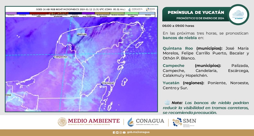 Pronóstico del clima para hoy viernes 12 de enero 2024 en Quintana Roo; cielo medio nublado con chubascos en Quintana Roo.