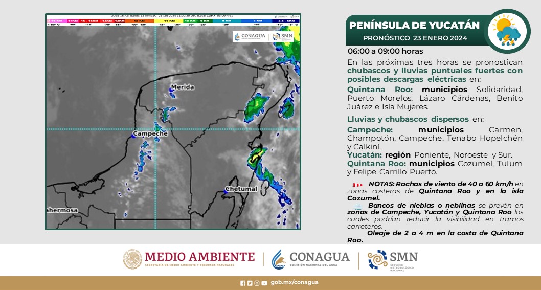 Pronóstico del clima para hoy martes 23 de enero 2024 en Quintana Roo; cielo medio nublado y lluvias puntuales fuertes con descargas eléctricas en el estado.