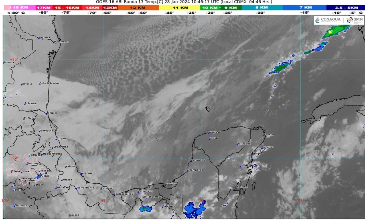 Pronóstico del clima para hoy domingo 28 de enero 2024 en Quintana Roo; cielo medio nublado con lluvias puntuales muy fuertes en Campeche y Quintana Roo.