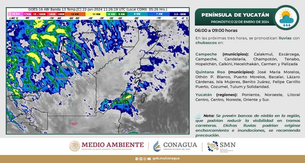 Pronóstico del clima para hoy lunes 22 de enero 2024 en Quintana Roo; cielo nublado con lluvias fuertes en Campeche, Yucatán y el estado.