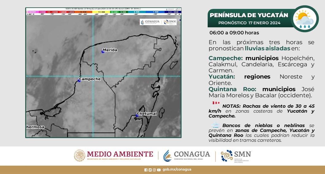 Pronóstico del clima para hoy miércoles 17 de enero 2024 en Quintana Roo; cielo medio nublado a nublado, con lluvias puntuales fuertes en la región.