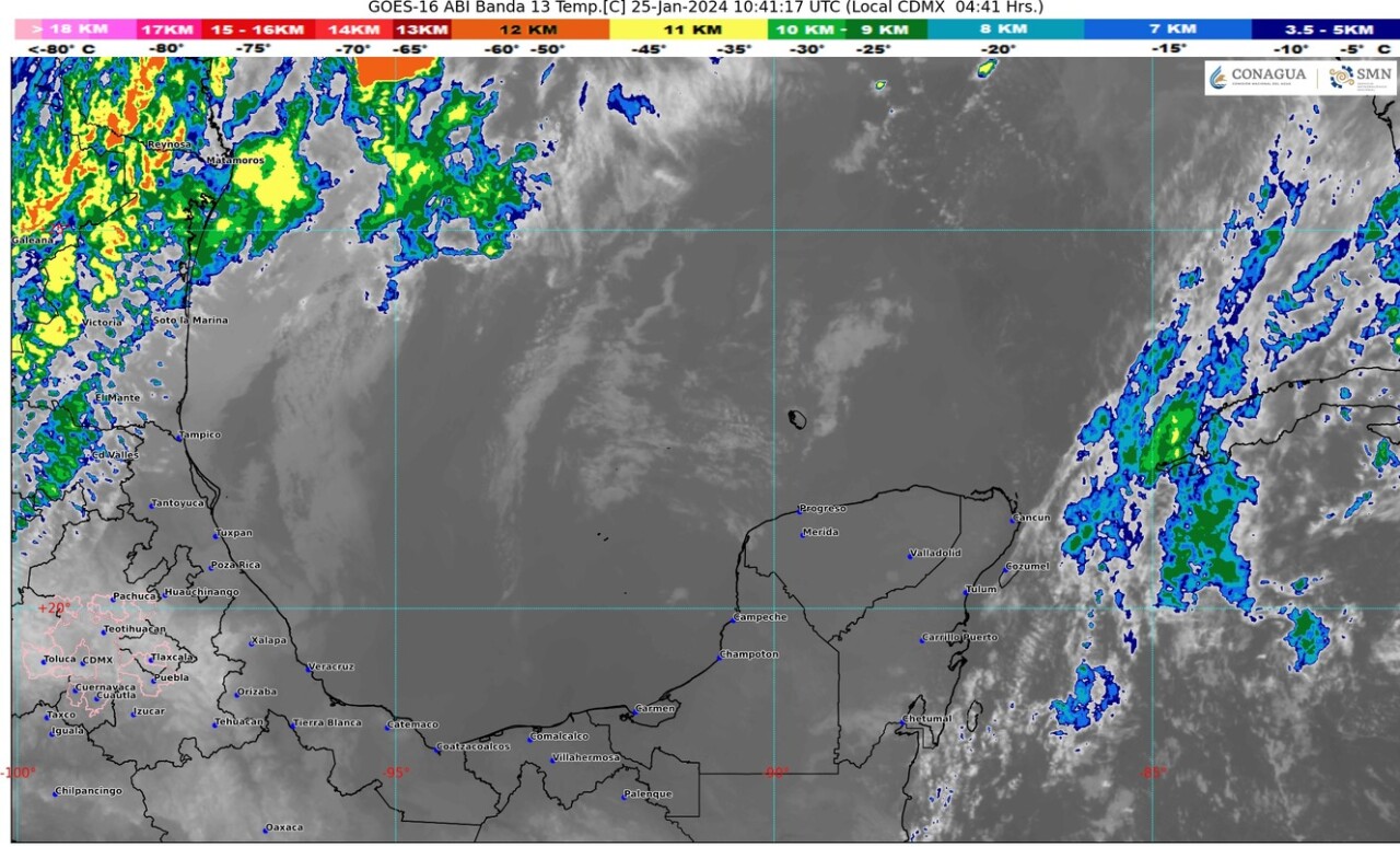 Pronóstico del clima para hoy jueves 25 de enero 2024 en Quintana Roo; cielo medio nublado con chubascos y posibles descargas eléctricas en el estado.