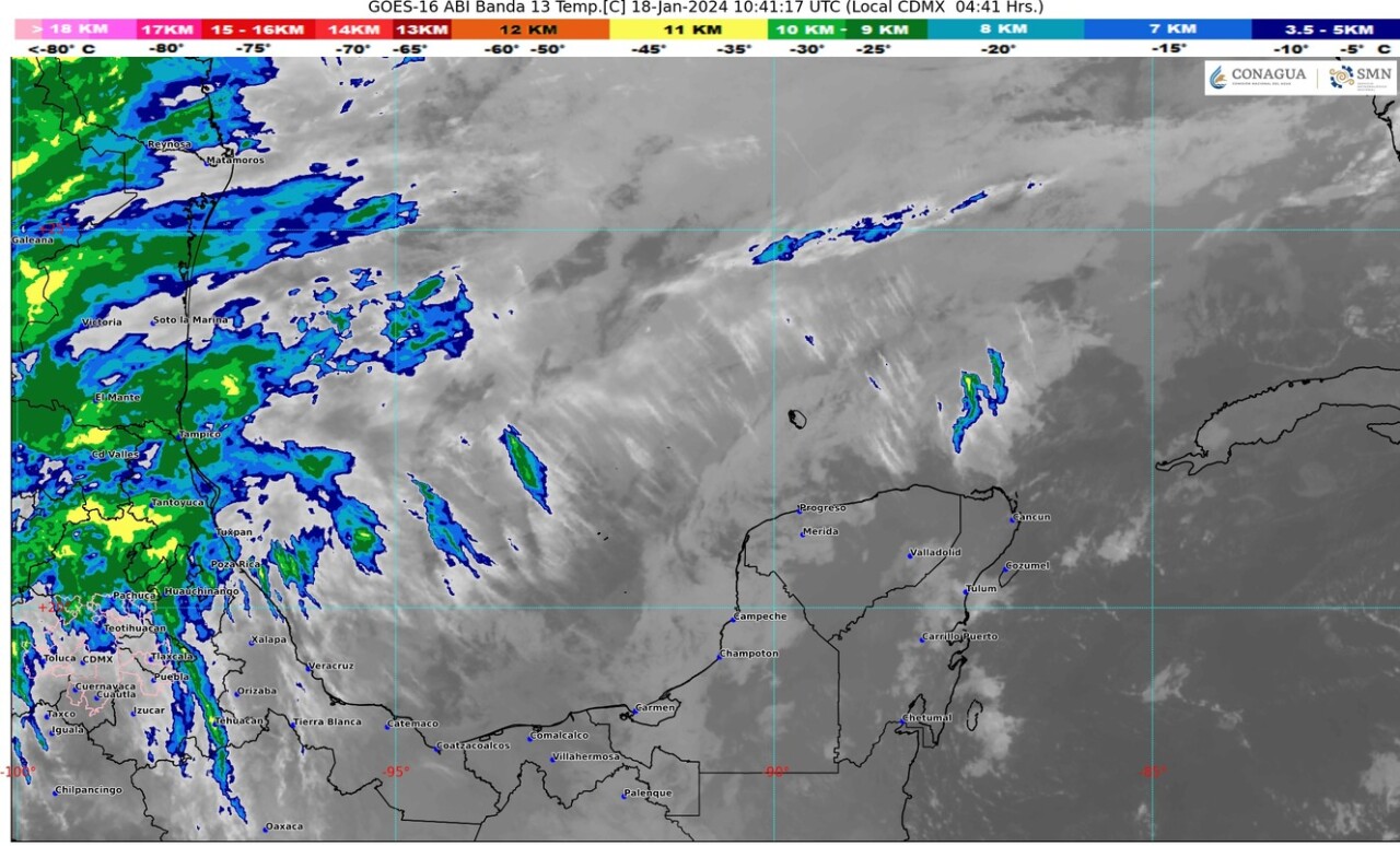 Pronóstico del clima para hoy jueves 18 de enero 2024 en Quintana Roo; cielo medio nublado con lluvias y chubascos en la entidad, Campeche y Yucatán.
