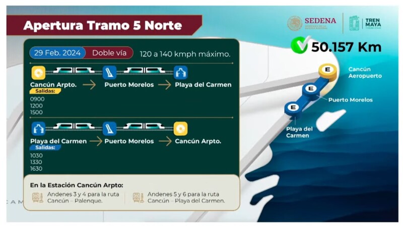 Tren Maya Ruta Cancún-Playa del Carmen comenzará a operar el 29 de febrero