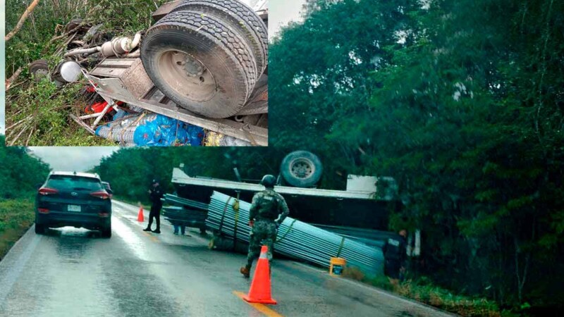 Vuelca camión en carretera de Leona Vicario