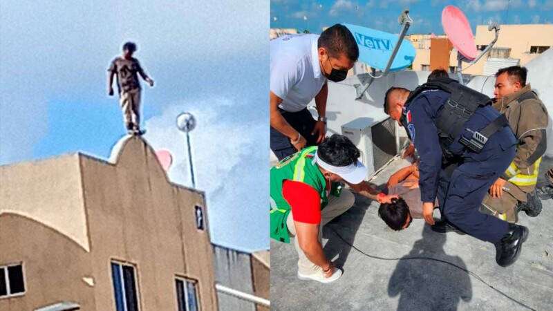 Autoridades en Cancún rescatan a sujeto que pretendía saltar de un edificio