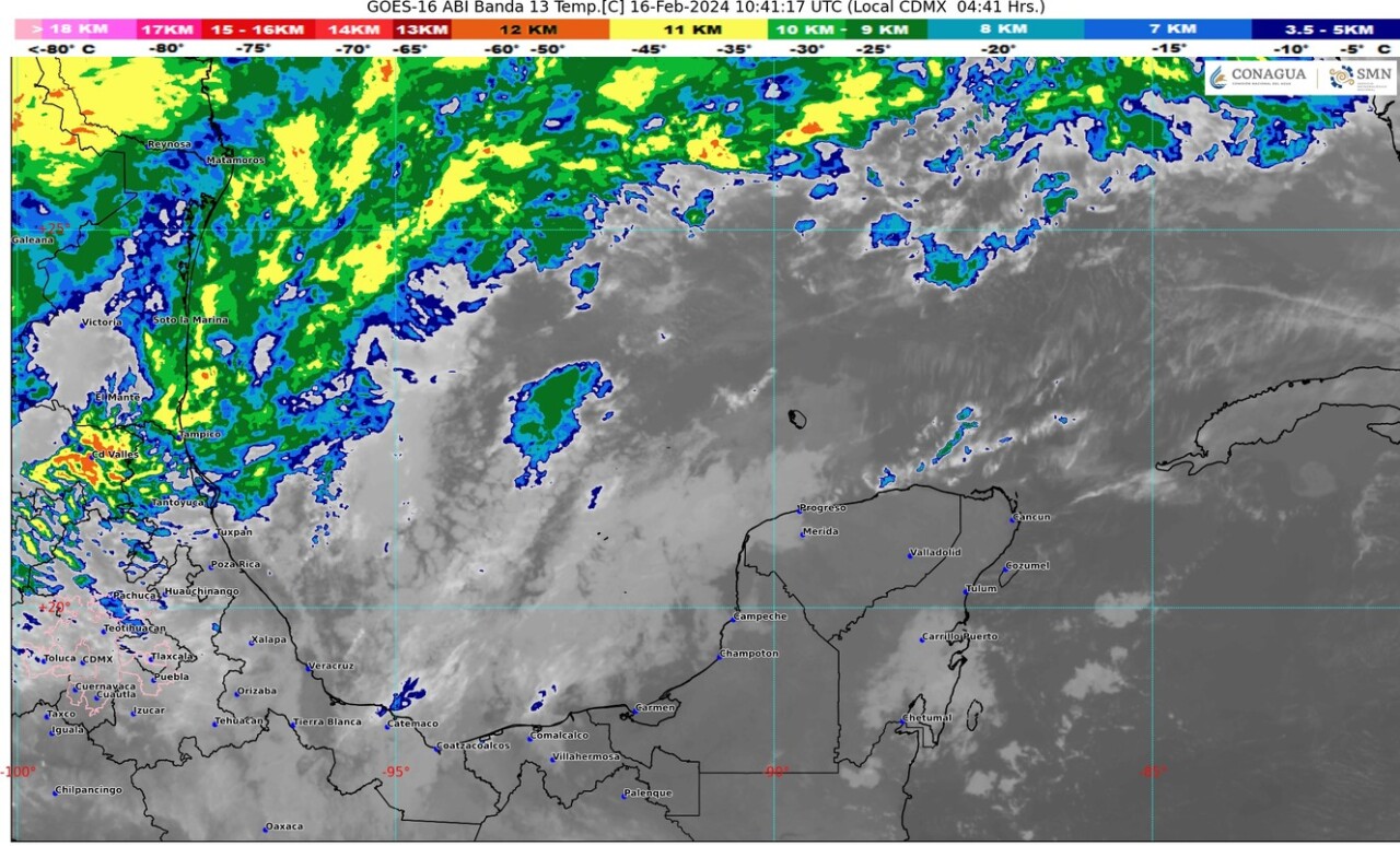 Pronóstico del clima para hoy viernes 16 de febrero de 2024 en Quintana Roo; cielo medio nublado con chubascos en Campeche, Yucatán y la entidad.