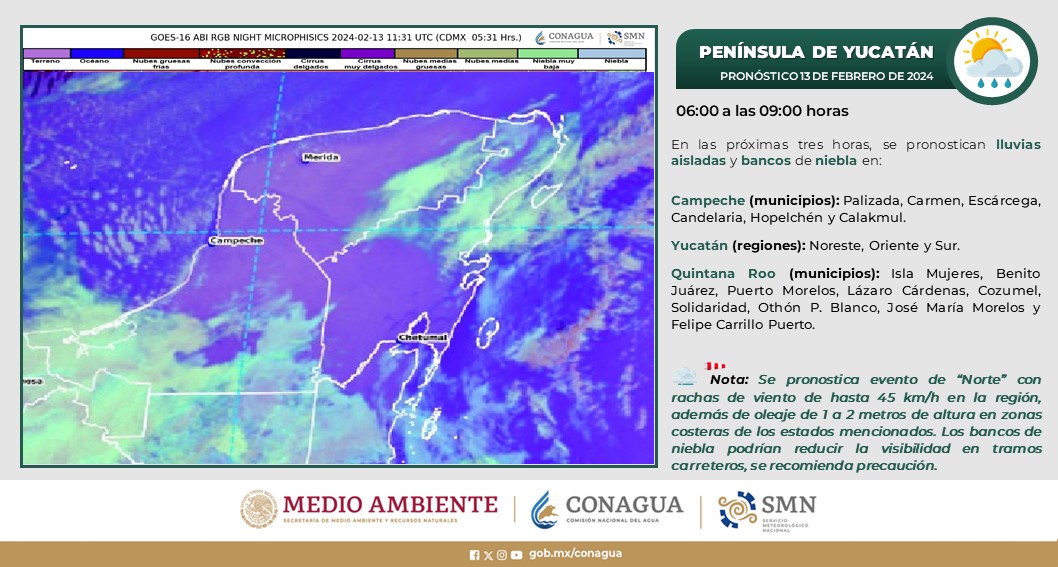 Pronóstico del clima para hoy martes 13 de febrero de 2024 en Quintana Roo; cielo medio nublado con lluvias puntuales fuertes en el estado.