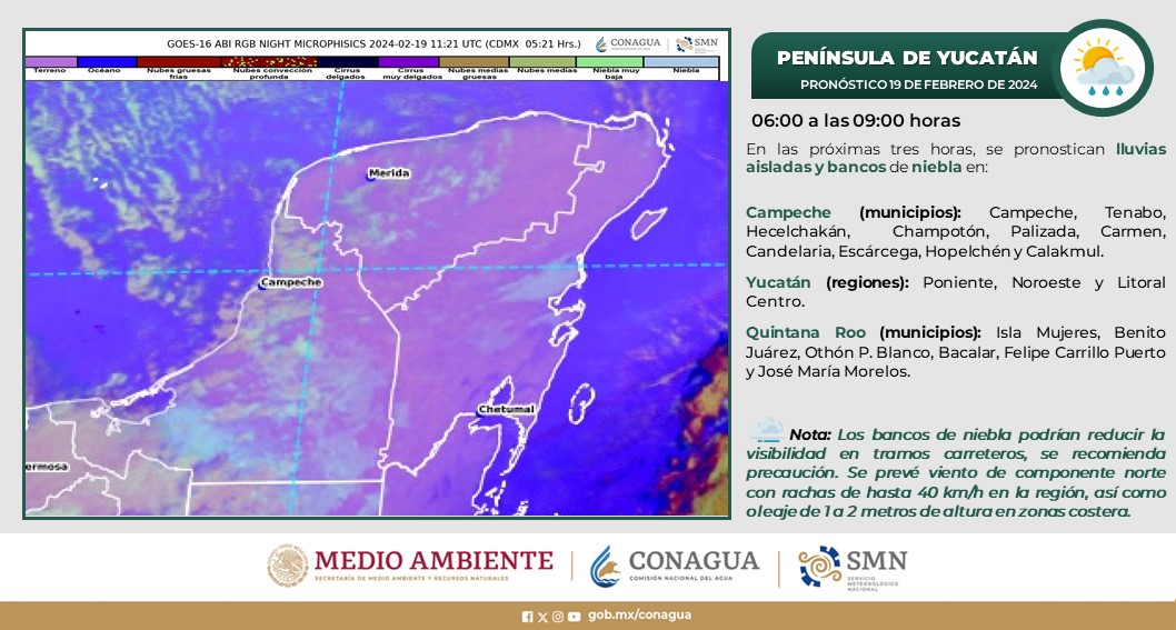 Pronóstico del clima para hoy lunes 19 de febrero de 2024 en Quintana Roo; cielo parcialmente nublado y lluvias aisladas en Yucatán y Quintana Roo.