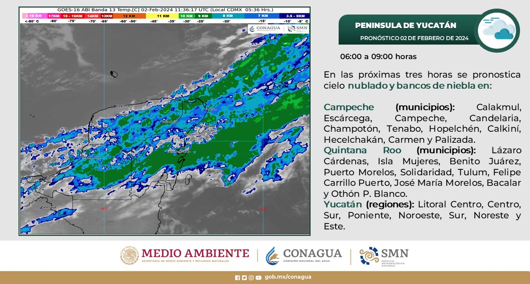 Pronóstico del clima para hoy viernes 2 de febrero de 2024 en Quintana Roo; cielo medio nublado y sin lluvia en Campeche, Yucatán y Quintana Roo.