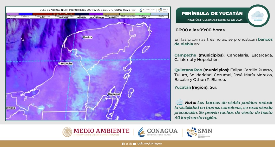 Pronóstico del clima para hoy jueves 29 febrero de 2024 en Quintana Roo; cielo medio nublado durante el día, con lluvias aisladas en el estado, Campeche y Yucatán.