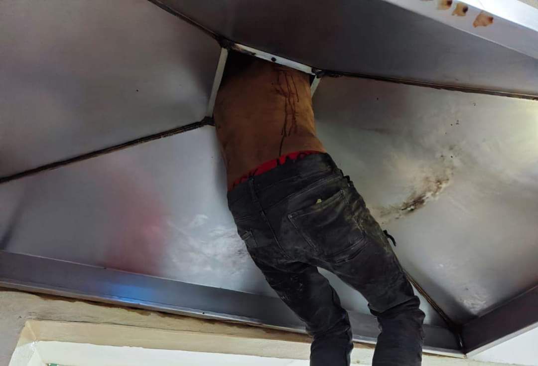 Pretendía robar en una pollería de Cancún y se atoró en la campana de cocina; empleados de Pechugón hallaron colgando a la “rata cochambrosa”.