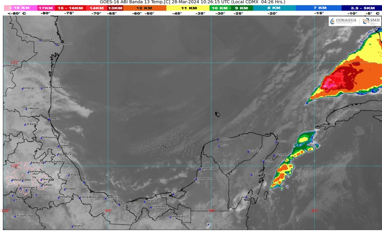 Pronóstico del clima para hoy jueves 28 de marzo de 2024 en Quintana Roo; cielo medio nublado con chubascos en Campeche, Yucatán y Quintana Roo.