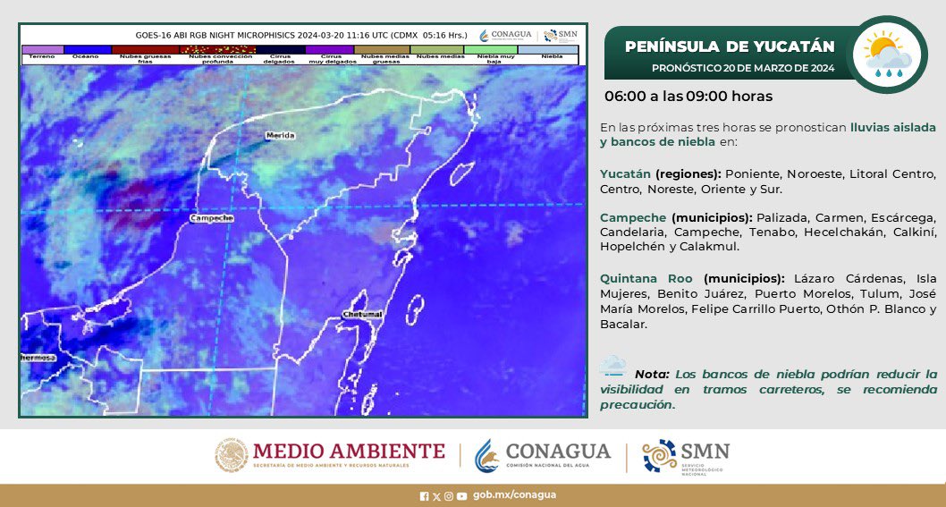 Pronóstico del clima para hoy miércoles 20 de marzo de 2024 en Quintana Roo; cielo nublado durante el día con chubascos en Yucatán y Quintana Roo.