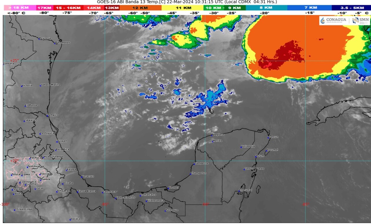 Pronóstico del clima para hoy viernes 22 de marzo de 2024 en Quintana Roo; cielo medio nublado a nublado con lluvias puntuales fuertes.