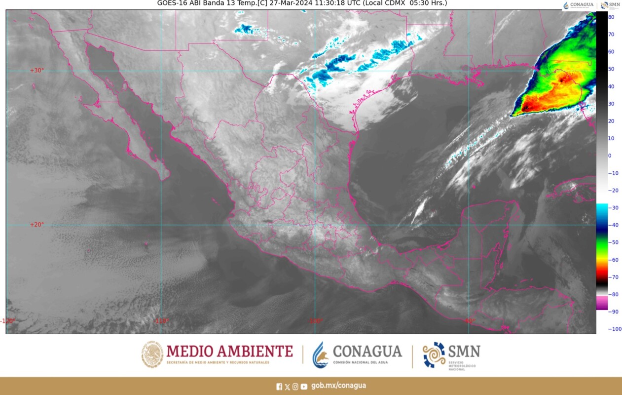 Pronóstico del clima para hoy miércoles 27 de marzo 2024 en Quintana Roo; cielo medio nublado con lluvias puntuales fuertes en el estado y Yucatán.