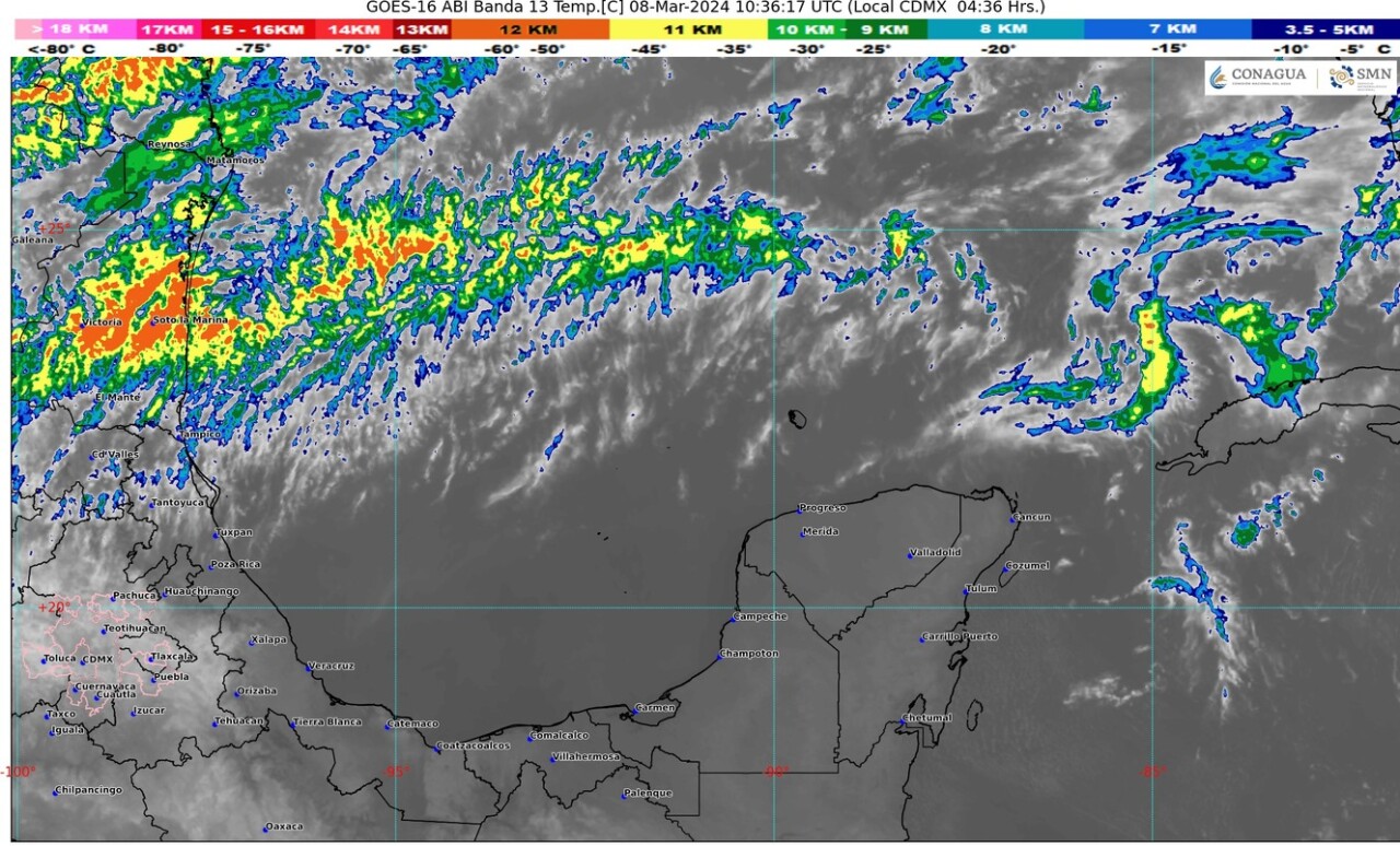 Pronóstico del clima para hoy jueves 7 de marzo de 2024 en Quintana Roo; cielo parcialmente nublado durante el día y sin lluvia en la región.