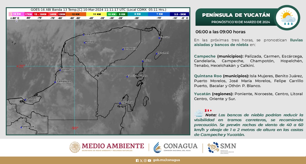 Pronóstico del clima para hoy domingo 10 de marzo 2024 en Quintana Roo; cielo medio nublado con lluvias puntuales fuertes en la región.