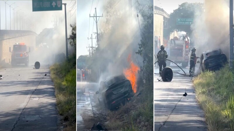 Vehículo Tesla sale ‘volando’ del puente de Puerto Aventura y se incendia