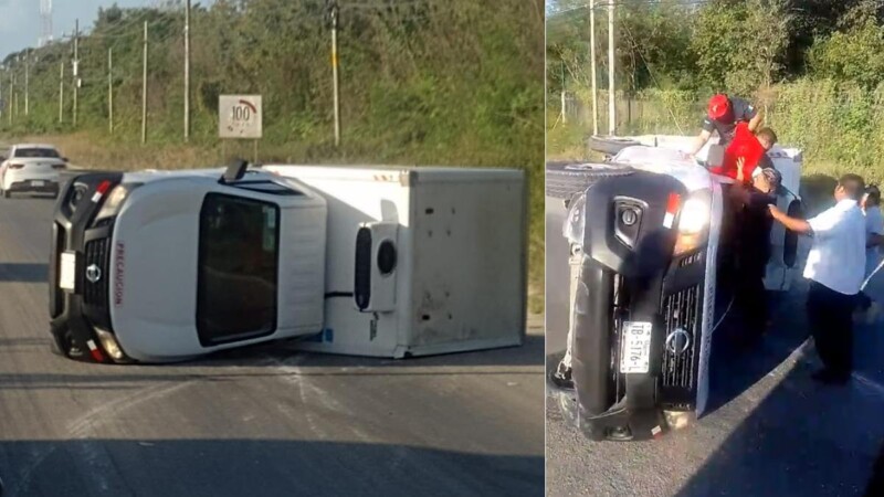 Vuelca conductor de camioneta en carretera Cancún-Puerto Morelos
