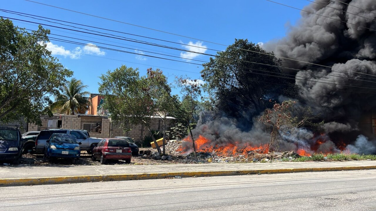 Arde terreno baldío a un lado de un deshuesadero en la Región 227 de Cancún; el hecho fue reportado pro vecinos de la avenida Chetumal.