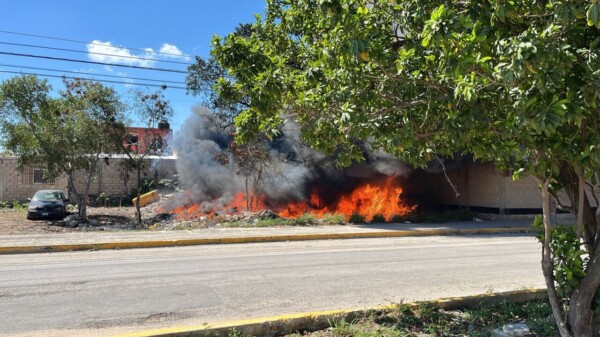 Arde terreno baldío a un lado de un deshuesadero en la Región 227 de Cancún