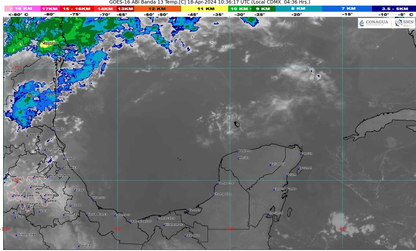 Pronóstico del clima para hoy jueves 18 de abril de 2024 en Quintana Roo; cielo medio nublado con lluvias aisladas en el estado. Sin lluvia en el resto de la Península.